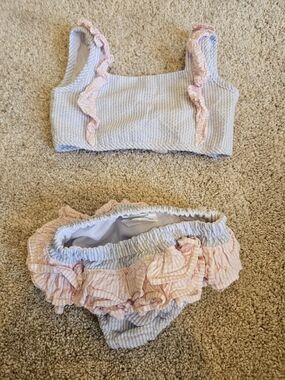 Girls Pink & Light Blue Seersuckwr Ruffle Bikini Swim Set